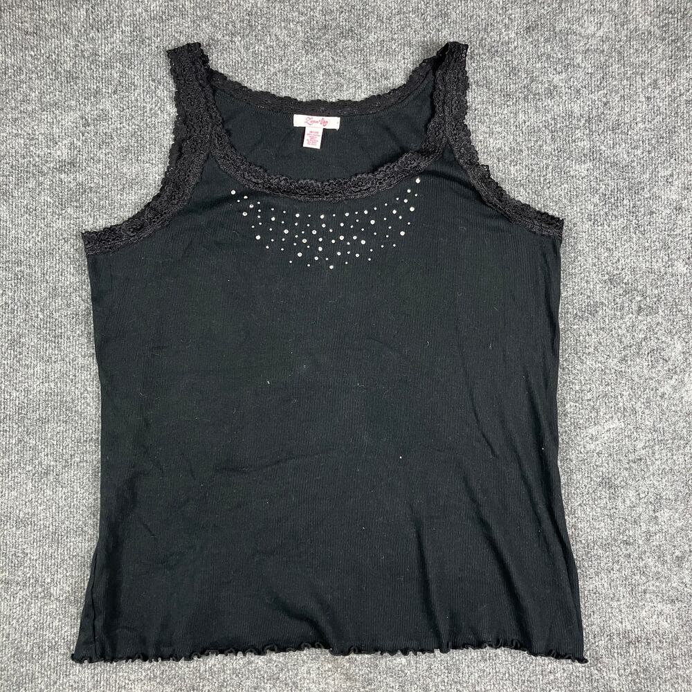 Zena Women's Black Lace Trim Tank Top Size 18/20 Rhinestone Detail Cotton Y2K